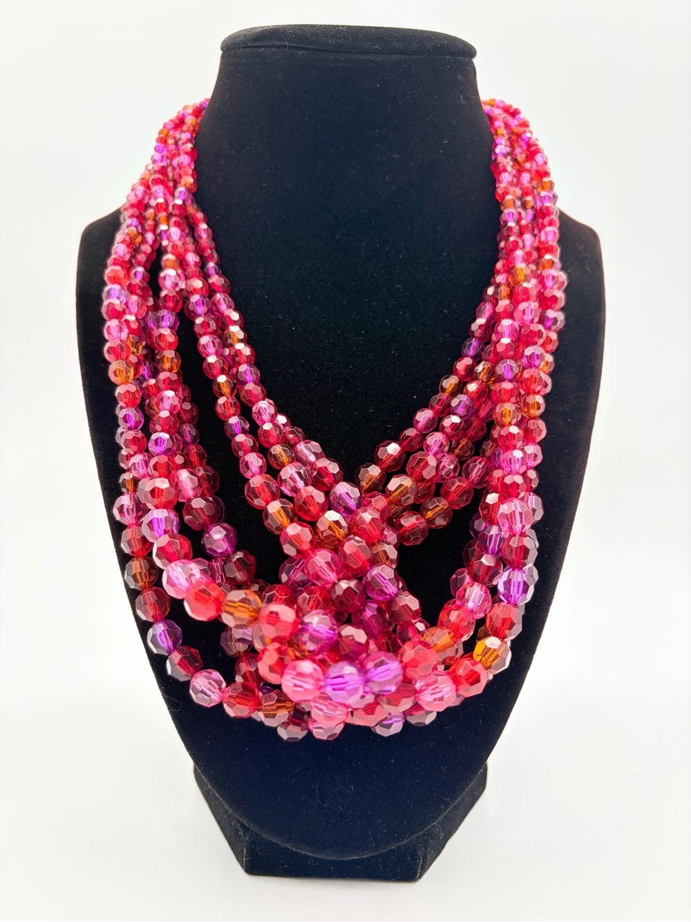 Avon Signed Pink Red Multi Strand Faceted Beaded Statement Necklace